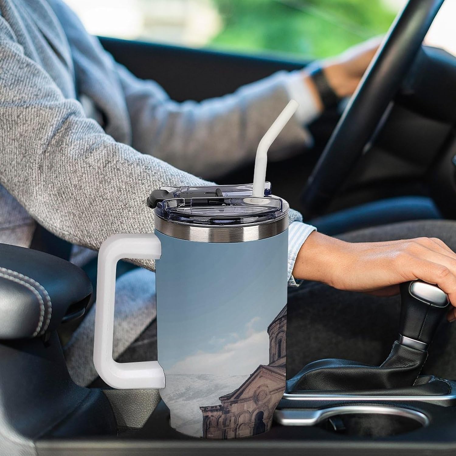 Armenian Church Tumbler Stainless Steel Large Car Cup with Handle&Straw Lid Portable Coffee Cup Leak-proof Water Bottle Insulated Vacuum Travel Mug for Home Outdoor 40oz