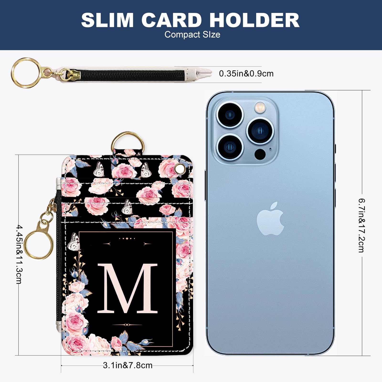 DATOUCAT Slim Wallet Credit Card Holder, Initial Letter M, RFID Wallet Women Cute Small Front Pocket Wallet With Zipper, PU Leather Thin travel RFID Blocking Card Case ID Window,Ladies Gifts