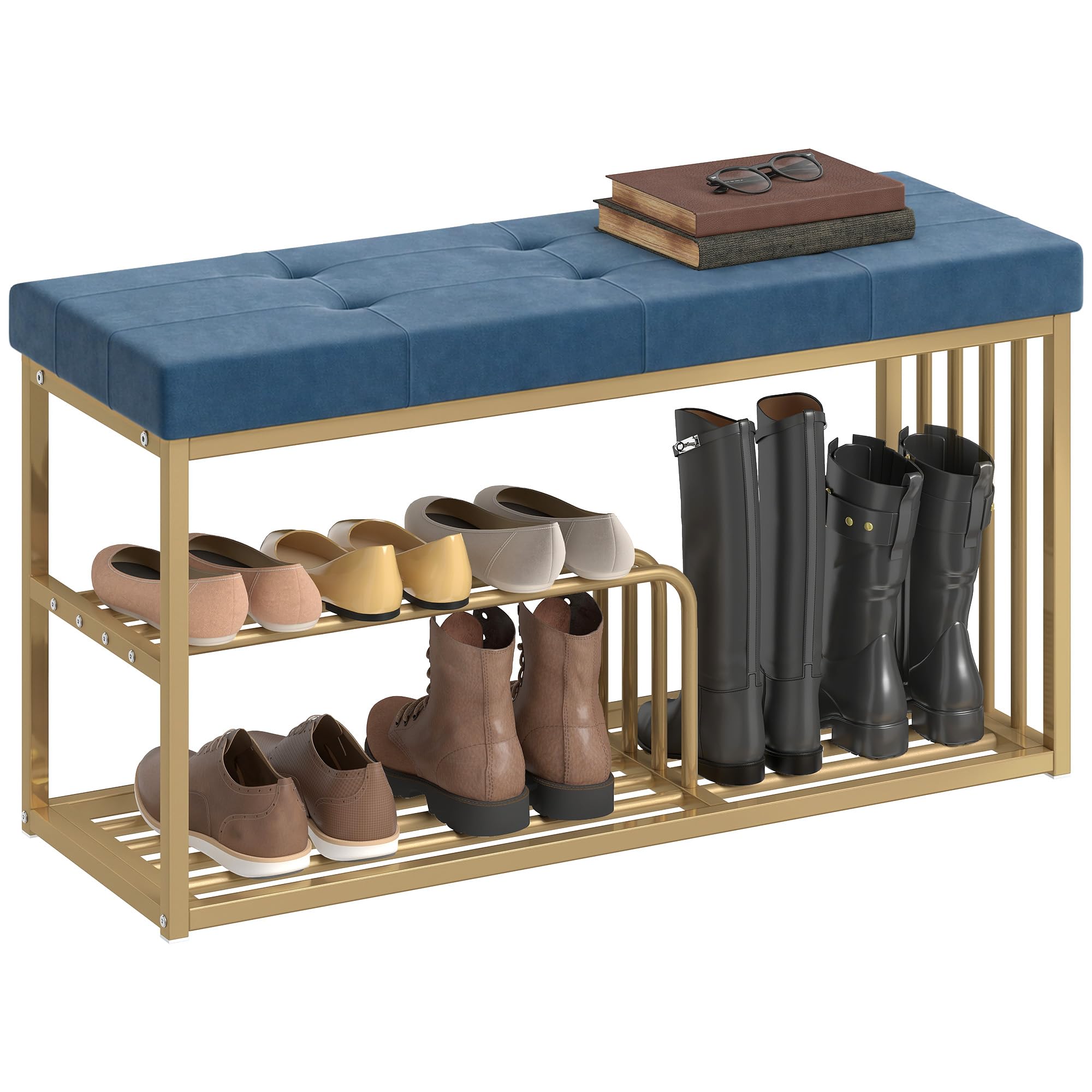 HOMCOM Velvet Shoe Storage Bench with Seat - Dark Blue - 100cm