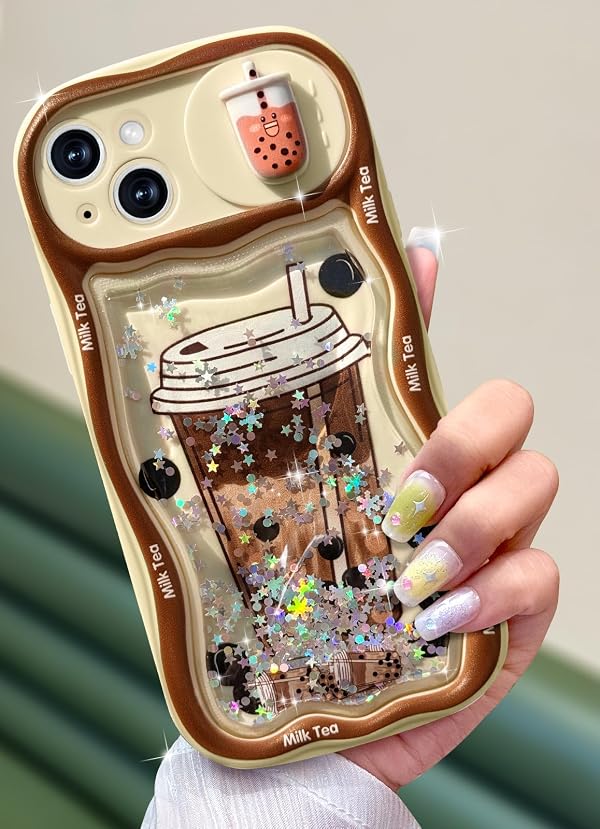 Toycamp for iPhone 14 Plus Case 6.7 Inch - Women Girls Cute Cover Boba Milk Tea with Sliding Camera Cover Girly Glitter Sparkle Bling Design Flowing Liquid Quicksand Phone Case for iPhone 14 Plus by Toycamp - Used condition - US$5.37