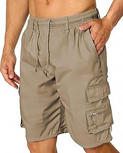 Men's Cargo Shorts with Zipper Pockets Lightweight Breathable Hiking, Khaki, X-Large