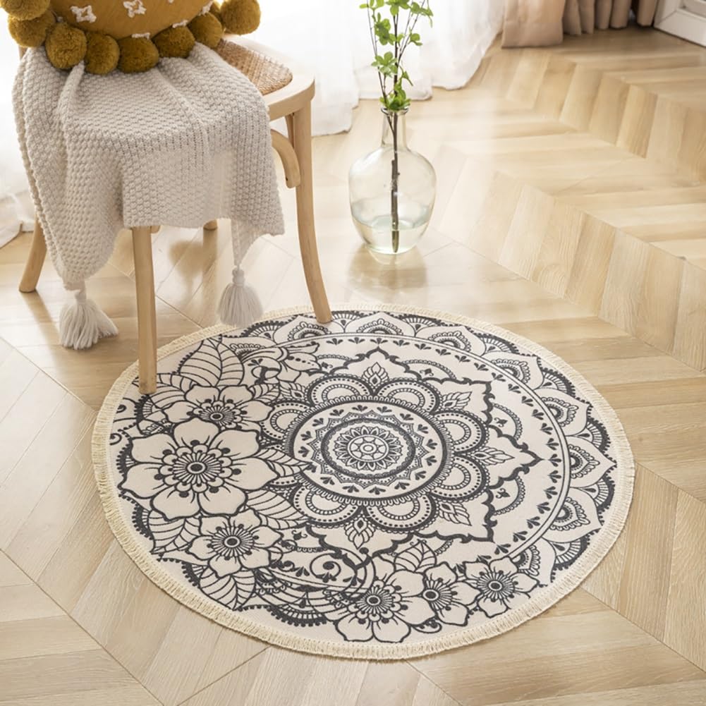 AVCULT Okrągły bawełniany dywan z frędzlami boho mandala tkany bawełniany dywanik zmywalny dywanik do salonu sypialni jadalni (kolor: R, rozmiar: 150 cm)
