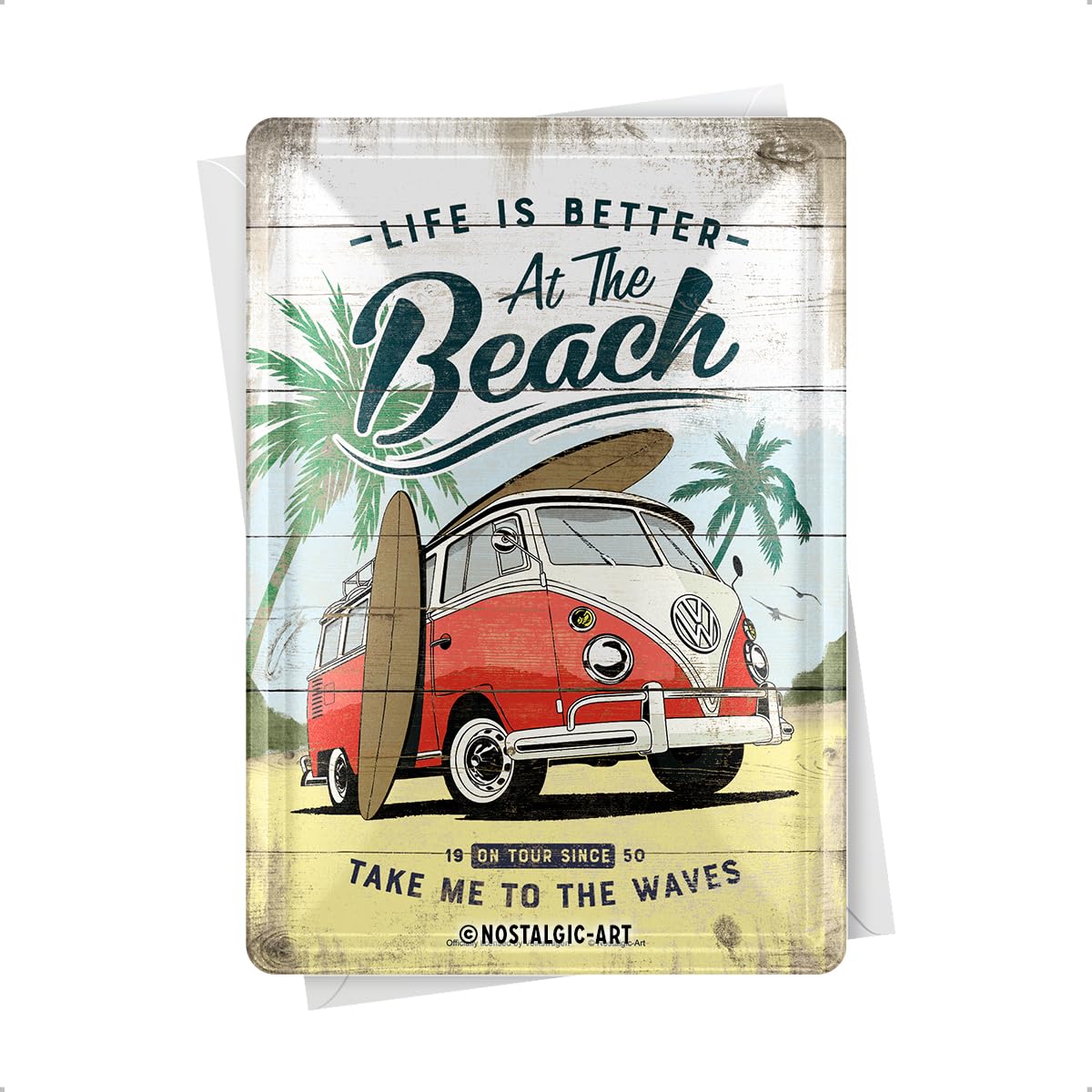 Nostalgic-Art, Retro Greeting Card Volkswagen Bulli T1 - Beach - VW Bus Gift Idea Tin Postcard Mini Tin Sign Vintage Design 10x14cm