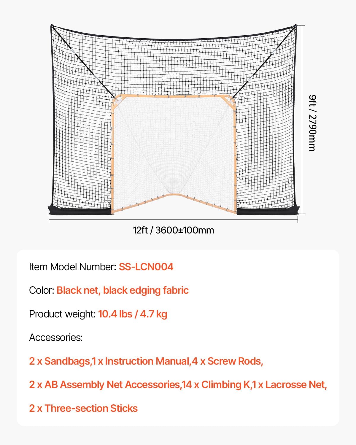 VEVOR Hockey and Lacrosse Goal Backstop, 12x9 ft Lacrosse Net with Extended Coverage, Quick Easy Setup Complete Accessories Training Net, Backyard Lacrosse Equipment, for Youth Adult (NET ONLY)