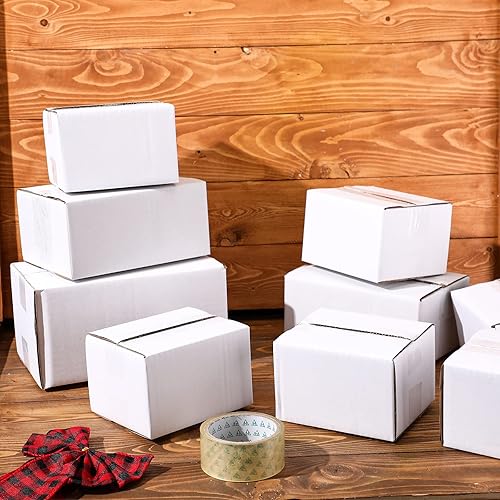 Vista 7 de Outus Paquete de 32 cajas de envío de 4 tamaños, cajas de cartón corrugado kraft para correo, caja de embalaje pequeña con cinta adhesiva para Blanco