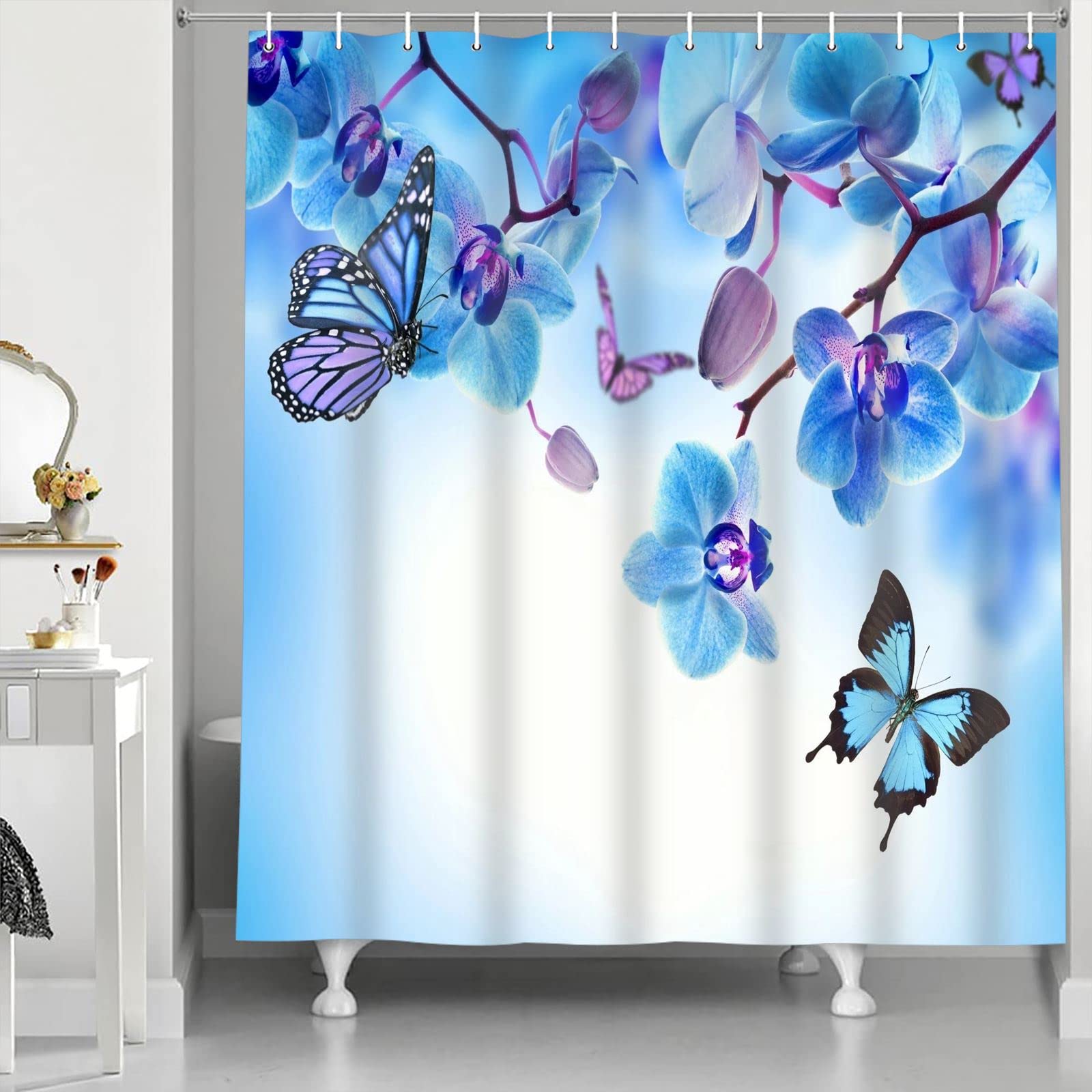 Abaysto C3 Shower Curtain Blue Orchid Floral Butterfly Blue Flower Spring Scenery Waterproof Cloth Fabric Bathroom Decor Set With Hooks 72X72 Inch