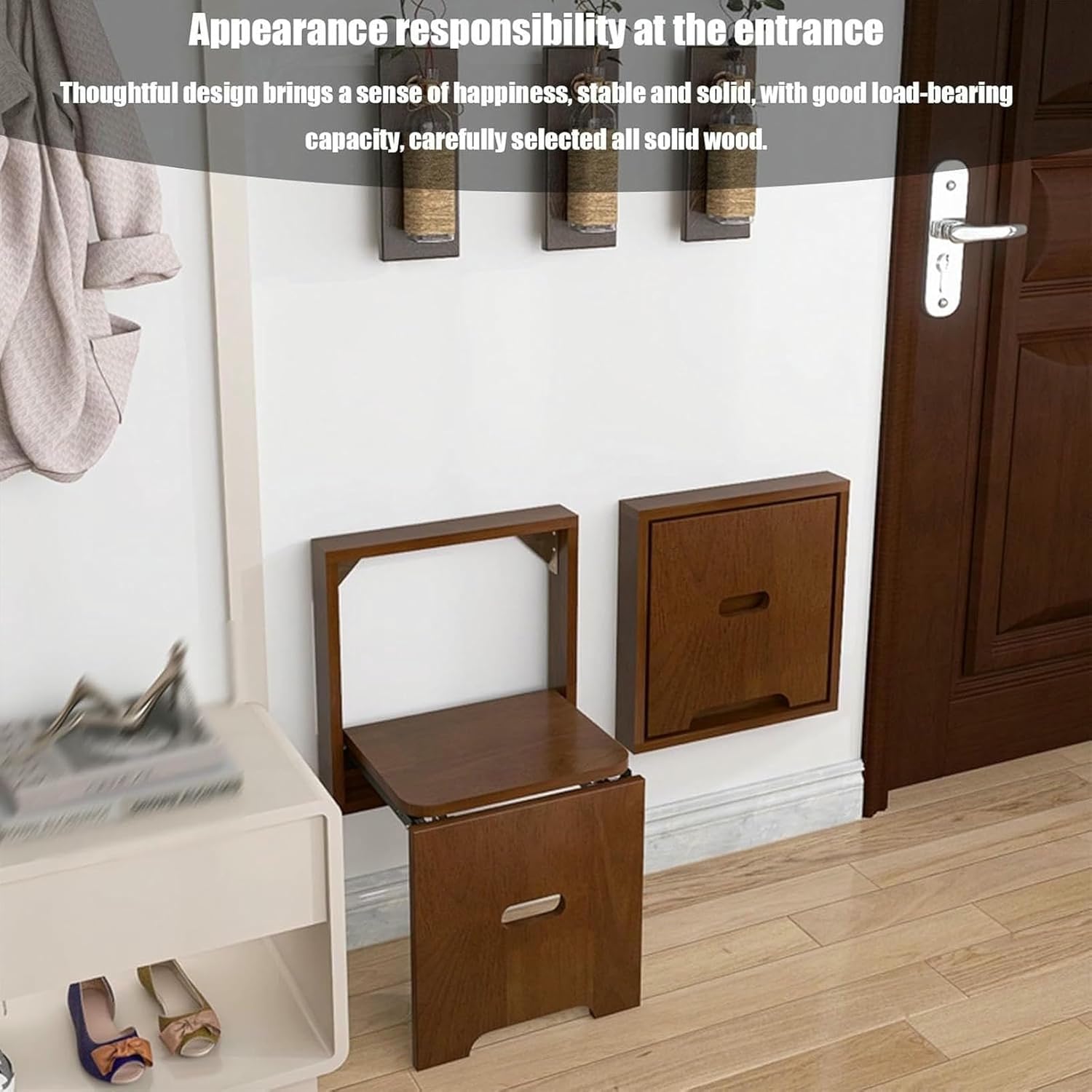 Solid Wood Wall Mounted Shoe Changing Stool,Folding Chair Invisible Shoe Bench Rack Hidden Footstool seat,for Entryway Hallway Chair Hall Kitchen