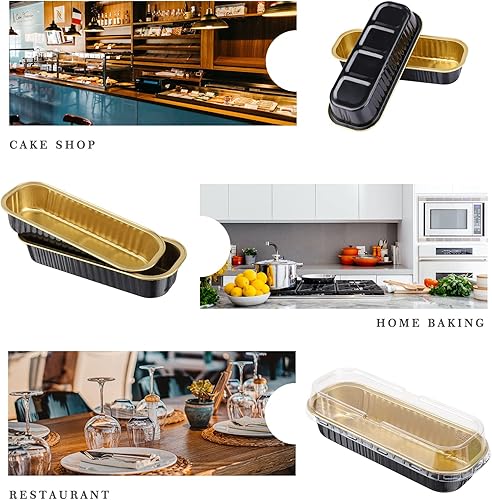 Miniatura 6 de EUSOAR Tazas para hornear con tapas, 50 piezas de 6.8 onzas, 6.5 x 2.5 x 1.2 pulgadas, papel de aluminio desechable negro y dorado, moldes para