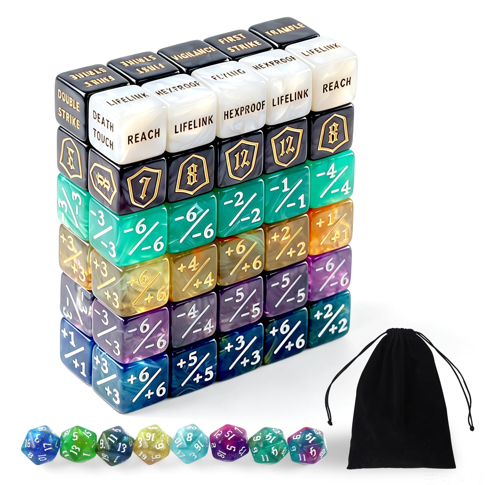 QUTHZZHY 68stk MTG-Würfelzähler-Set, Schlüsselwörter Leben +1/-1 Zähler | Schild Lebenszähler, MTG-Keyword-Würfel und Marmormuster +1/-1 Zähler, mit Tasche, für MTG, TCG, Karten