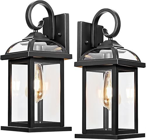 Paquete de 2 lámparas exteriores negras, luces de pared de aluminio antioxidante para luces de porche de casa, luces IP65, impermeables, de vidrio