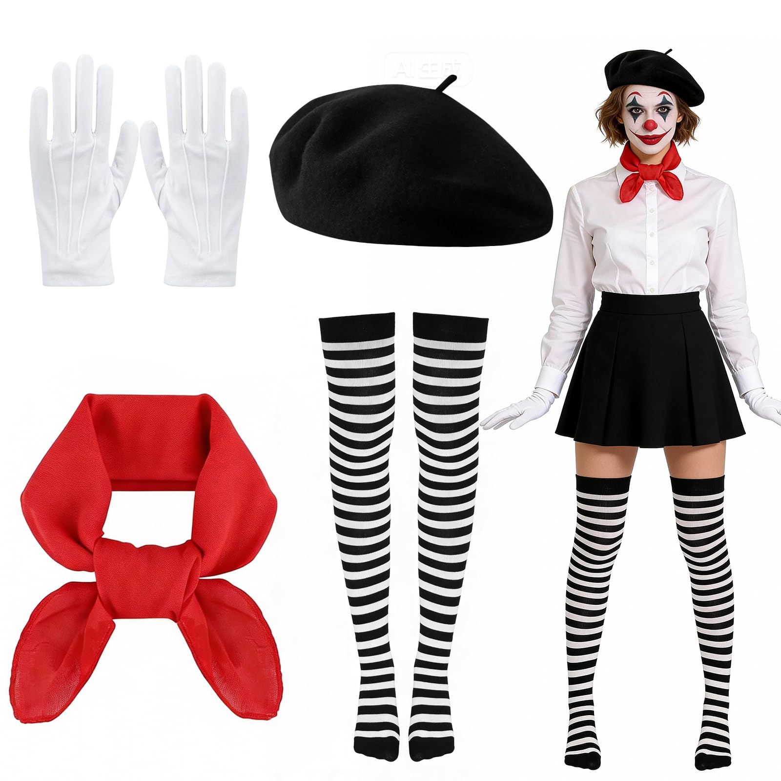LPZMPZ Disfraz pantomime para mujer, disfraz de mime francés, juego de accesorios, disfraz de carnaval para mujer, disfraz de payaso, para carnaval, cosplay, fiesta, Halloween