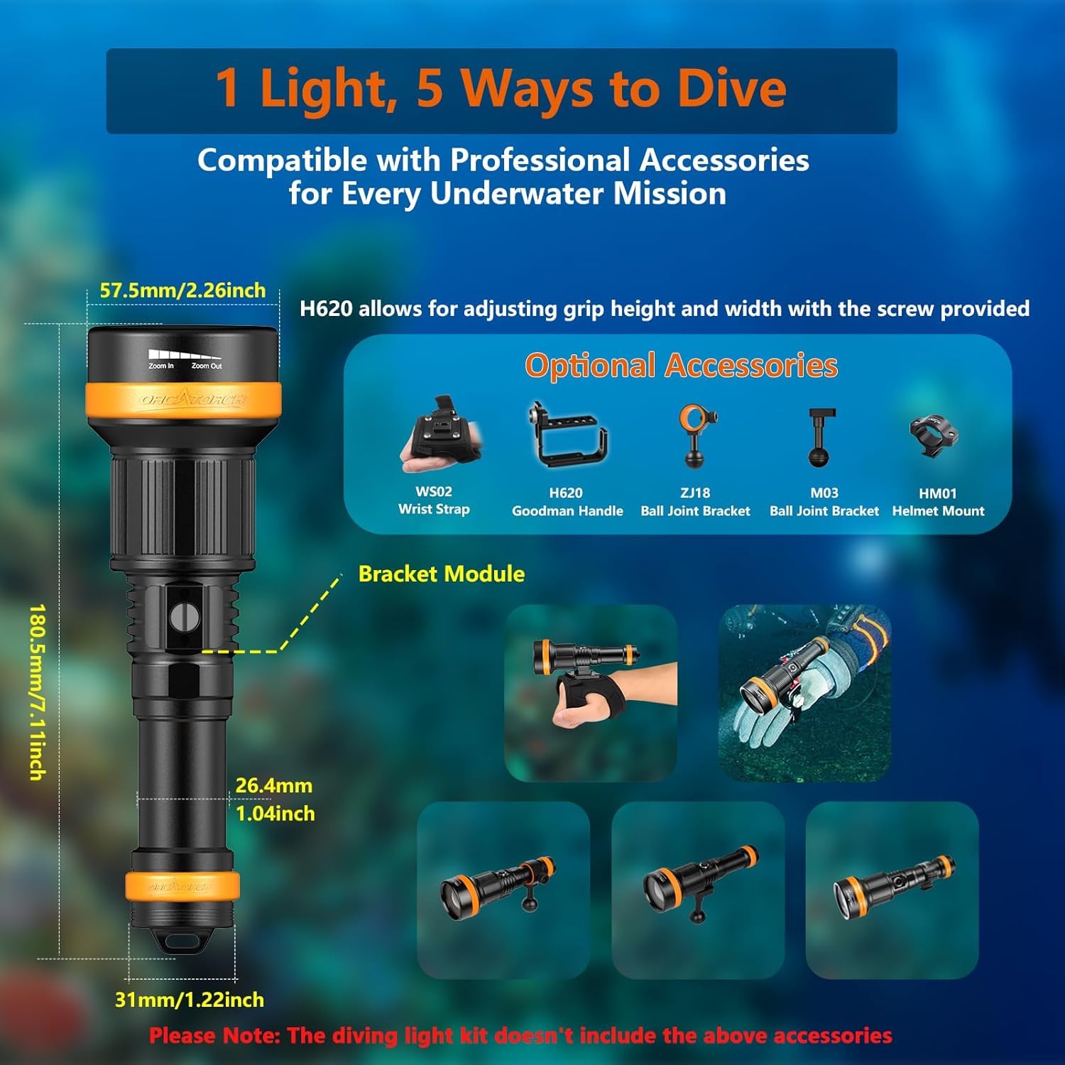 ORCATORCH ZD710MK2 Tauchlampe LED mit Zoom, 1500 Lumen Taucherlampe mit 4 Modi 2-in-1 Spot und Flutlicht, IP68 Wasserdichte Unterwasser Taschenlampe für Unterwasser 150M Tauchen, Camping
