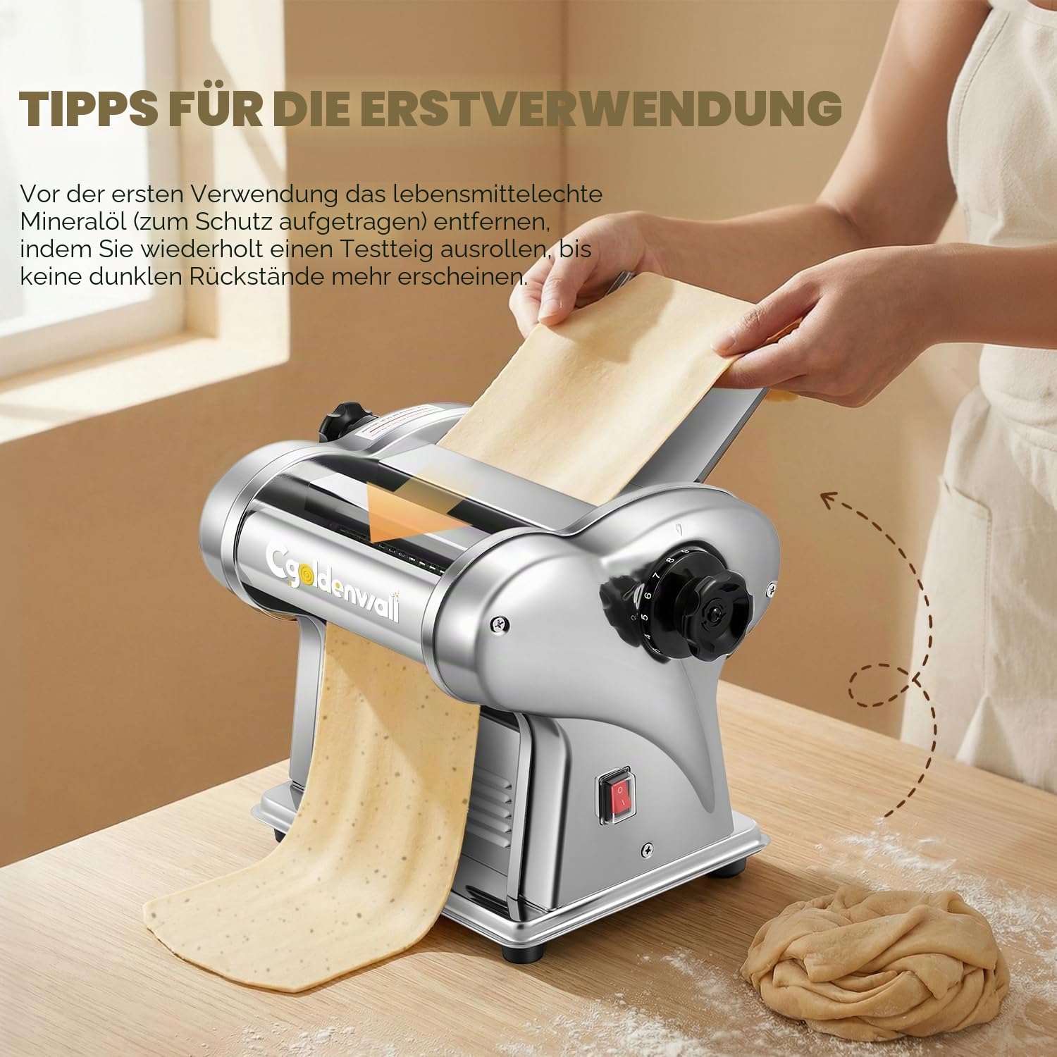 CGOLDENWALL Elektrische Nudelmaschine 140W Edelstahl Pasta Maker 2 Klingen 1,5 mm/4 mm 9 Einstellbare Stärken 0,3-3 mm