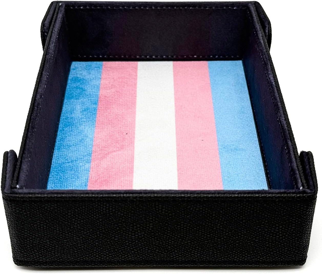 Pride Dice Tray of Folding Magnetic - Transgender Edition | Vegan Dice Tray with Magnetic Corners, Black Leatherette Exterior & Soft Felt Progress Pride Flag Interior for DND & RPG Games