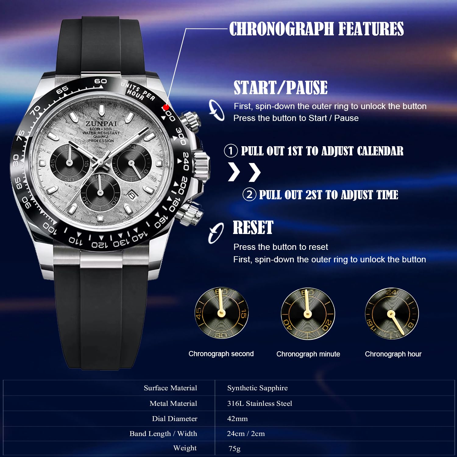 senstone Men's Watch Panda Chronograph Dial Fashion Quartz Movement Wrist Watch Analog Business Waterproof Scratch Resistant Silicone Strap Rubber Band Sports Watches for Men (Silver)