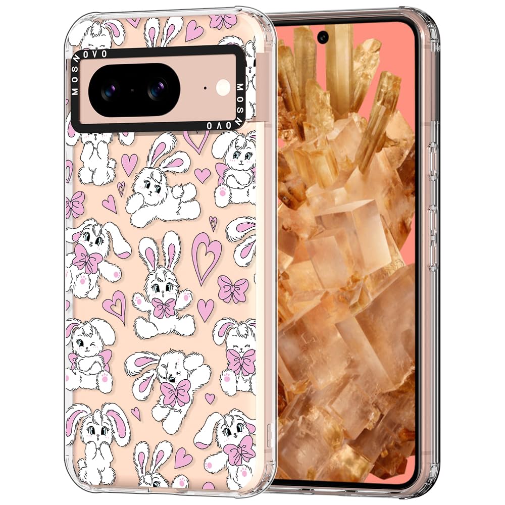 MOSNOVO Case for Google Pixel 8, [Buffertech 6.6ft Military-Grade Drop Protection] [Anti Peel Off Tech] Clear TPU Bumper Phone Case Cover Design - Bunnies