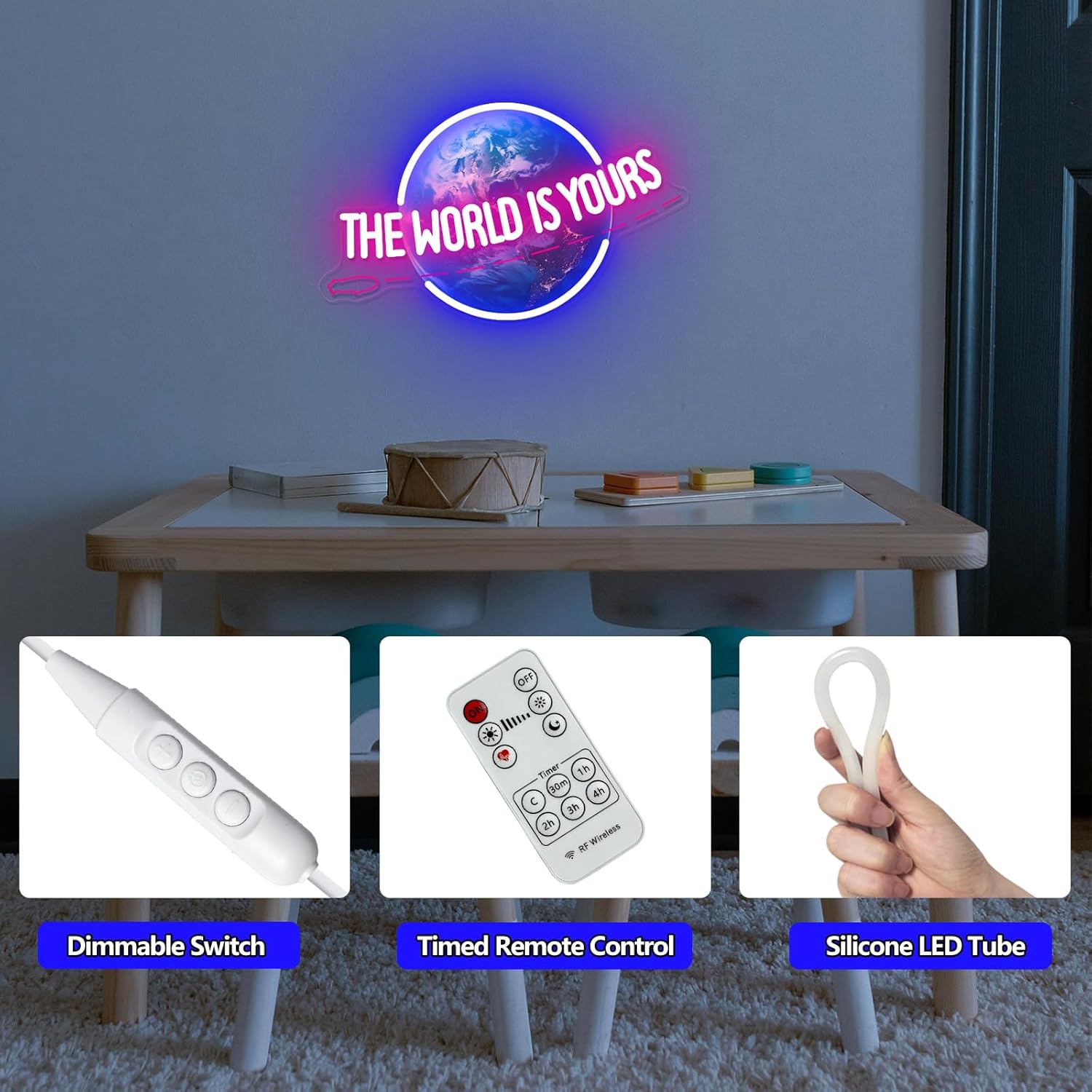 The World Is Yours Neon Sign,LED Planet Neon Light Lamp for Wall Decor,Remote Dimmable UV Printed Earth Light Up Signs for Boy Girls Bedroom Man Cave Home Bar Bistro Club Cafe Game Room Birthday Party Presents
