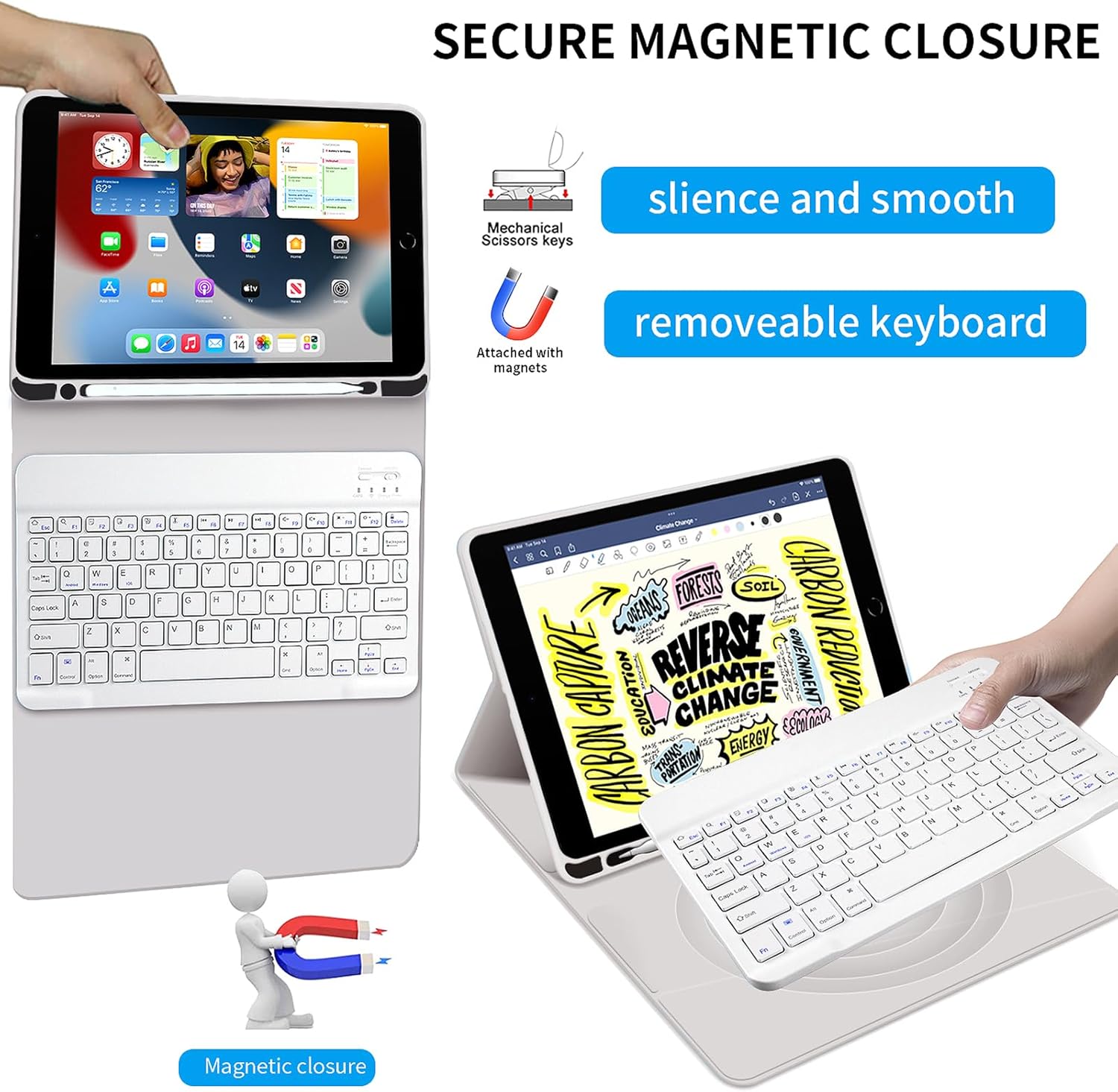 KENKE Keyboard Case for iPad 9th/8th/7th Generation 10.2 Inch 2021/2020/2019, Soft TPU Back Stand Cover Smart Case with Pencil Holder, Magnetically Detachable Wireless Bluetooth Keyboard, Gray White