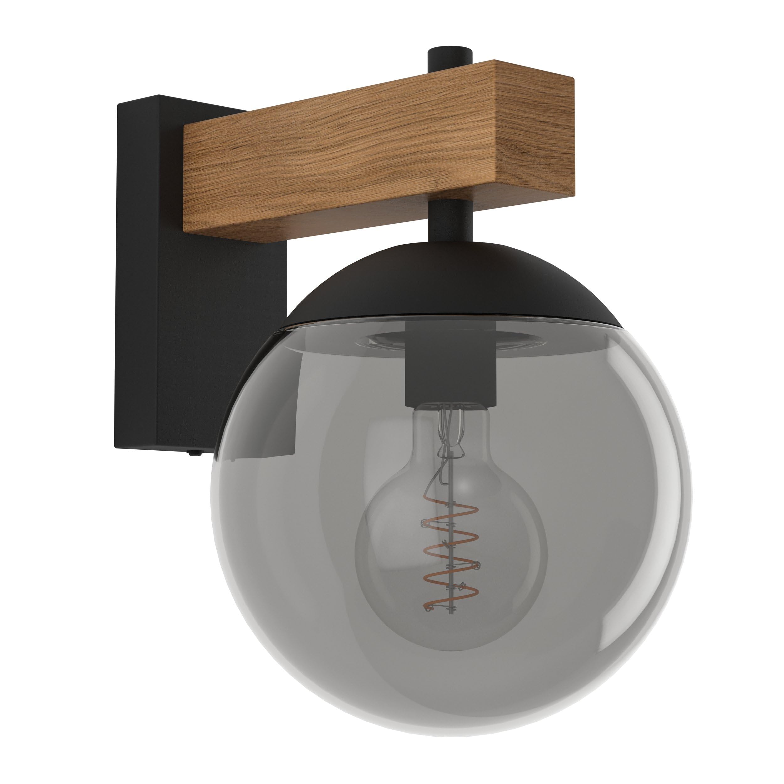 Eglo Wood Look, Smoked Glass Led Outdoor Wall Light Fixture Bufalata, External Porch Lamp, Globe-Shaped Outside Spotlight, Black And Wooden Effect Metal, White Plastic, E27 Socket, Ip44