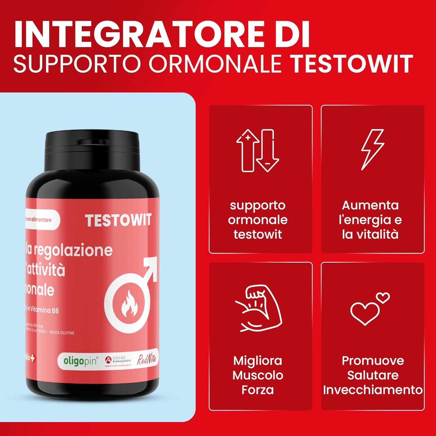 ORBIS TESTOWIT Integratore Naturale per Uomini | Supplemento per la Regolazione Ormonale con Muira Puama, Maca e Ashwagandha | aumenta la vitalità naturale | Forza & Energia Uomo | 120 Capsule