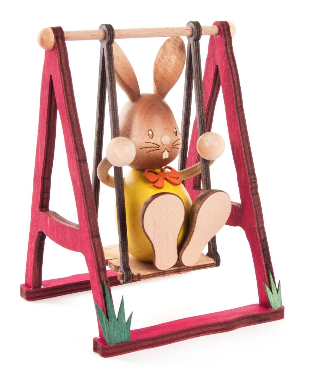 Rudolphs Schatzkiste Osterdeko Hase Stupsi auf Schaukel – Holzfigur – Ostern - Frühjahr - Höhe 12 cm – Handarbeit Erzgebirge - NEU
