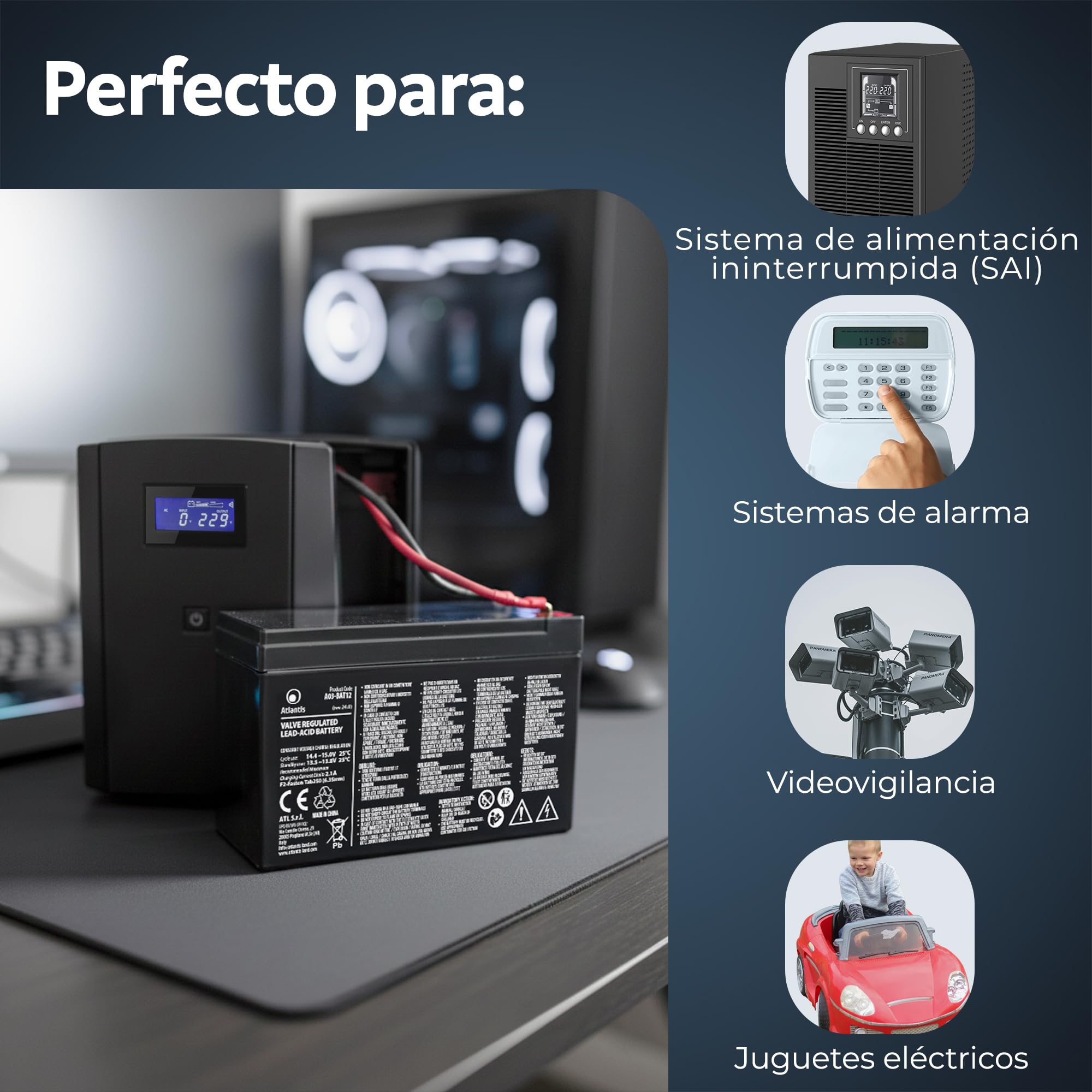 Atlantis batería de Plomo hermética (VRLA) 12 V 7 Ah, para Sistemas de alimentación ininterrumpida (SAI), videovigilancia, Alarma, Movilidad eléctrica, Juguetes, faston F2 6,3 mm, A03-BAT12-7.0A