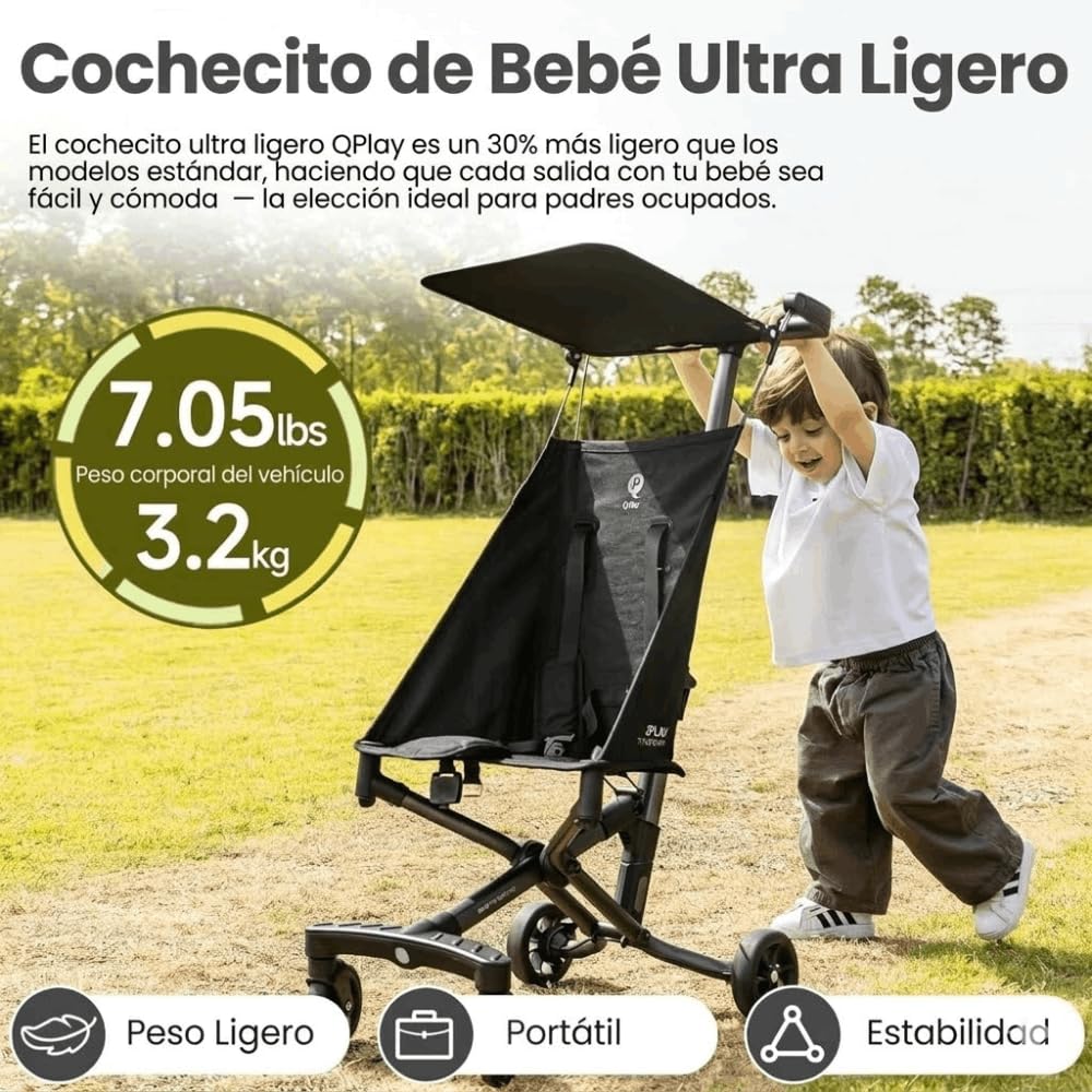 QPlay Silla de Paseo City Ultraligera | Carrito Plegable y Portátil 2.8 kg con Capota, Ruedas con Suspensión, Arnés de 5 Puntos y Marco de Aluminio | Para Niños de 6 a 36 Meses – 78x40.5x91 cm