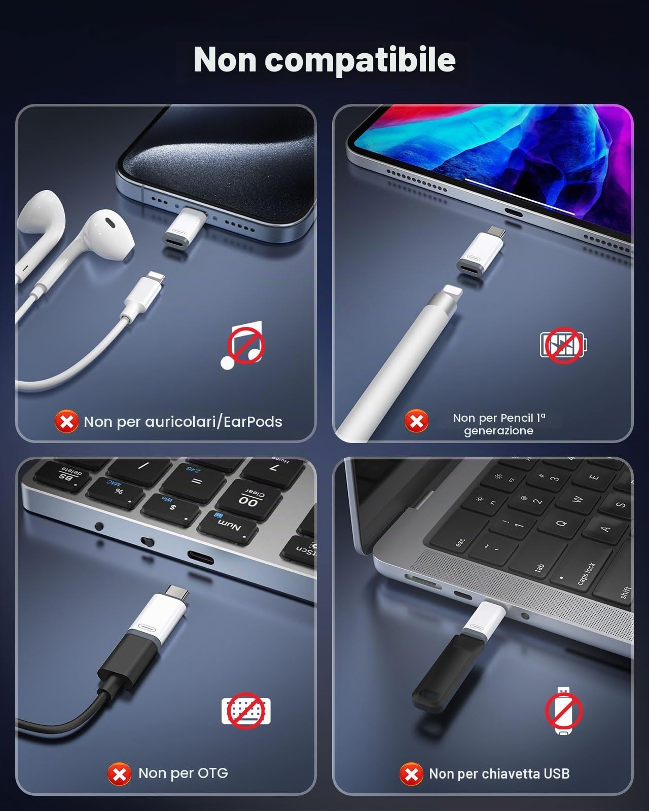 MoKo Adattatore da Lightning a USB C per iPhone 17 Air 16 16e 15 Pro Max Plus, 4 Pezzi, Bianco+Grigio