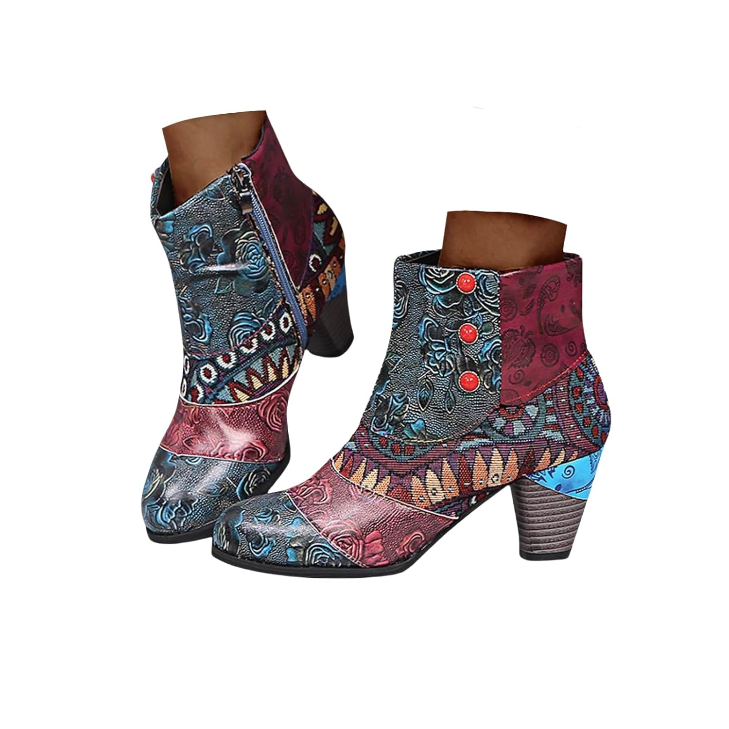 Ankle Boots for Women Boho Cowboy Boots Fashion Leather Round Toe Zipper Ankle Booties Trendy Chunky High Heels