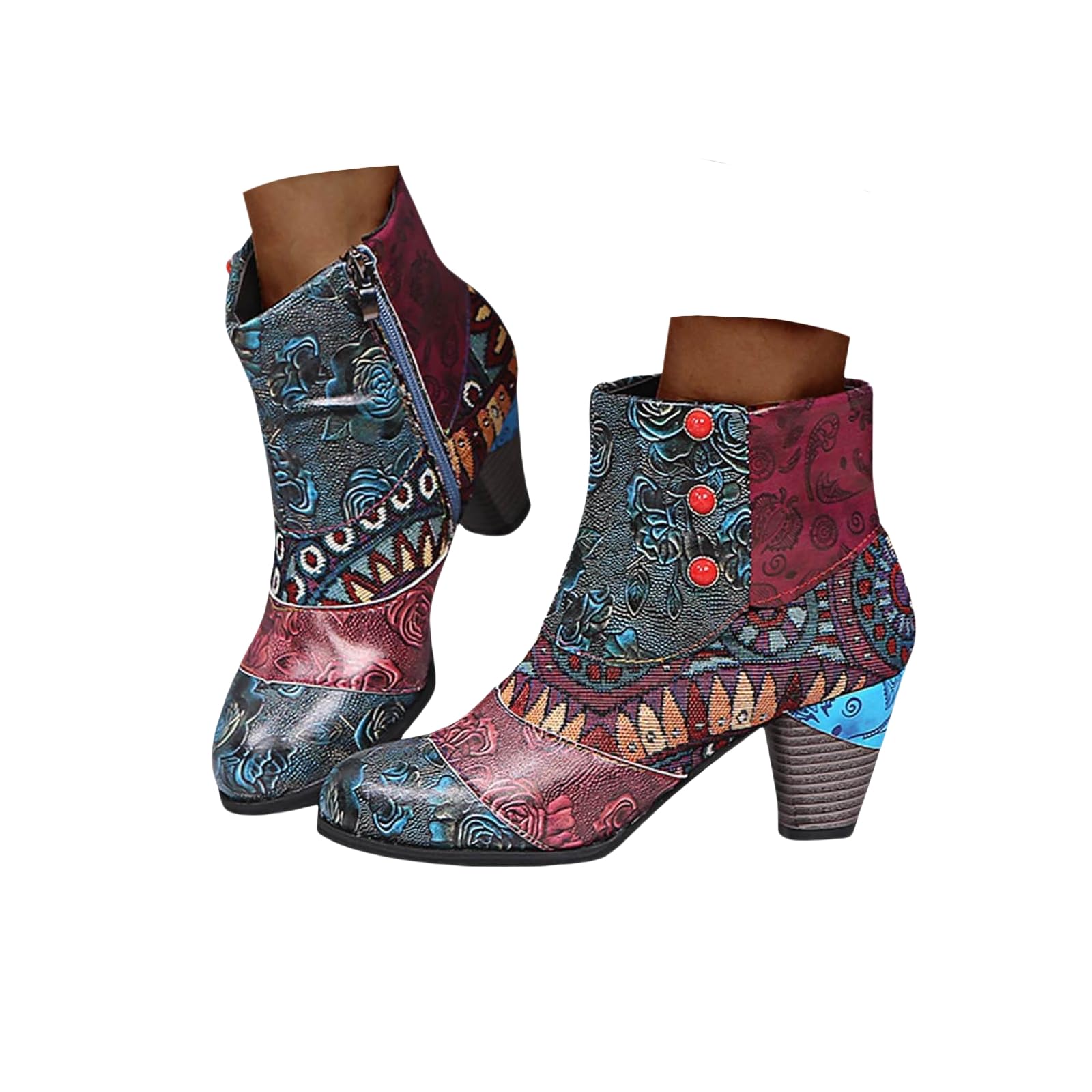 Ankle Boots for Women Boho Cowboy Boots Fashion Leather Round Toe Zipper Ankle Booties Trendy Chunky High Heels
