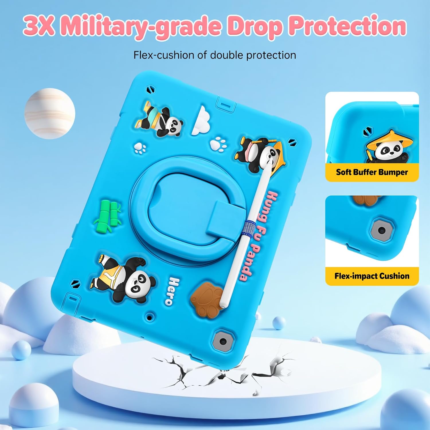 Case for iPad 9th/8th/7th Generation, iPad 10.2 Inch 2021/2020/2019, Funny Cartoon Silicone 3D Panda Design Kids Case Heavy Duty Protection with Stand/Pencil Holder/Shoulder Strap (Blue)