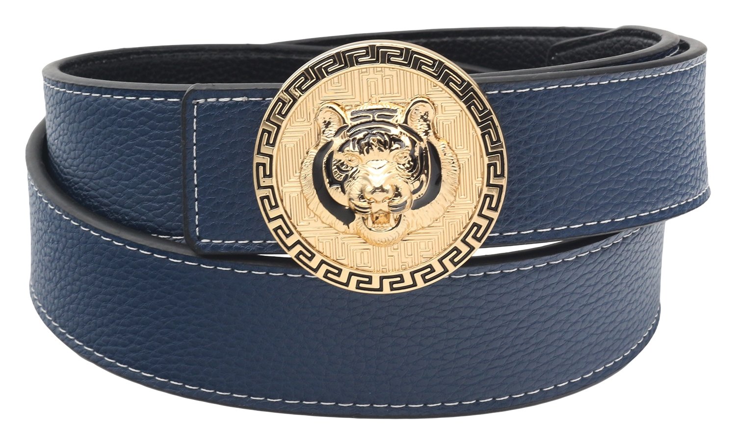 QHA Mens Designer Stitched Genuine Leather Belt With Buckle Gold Blue 30"-34"