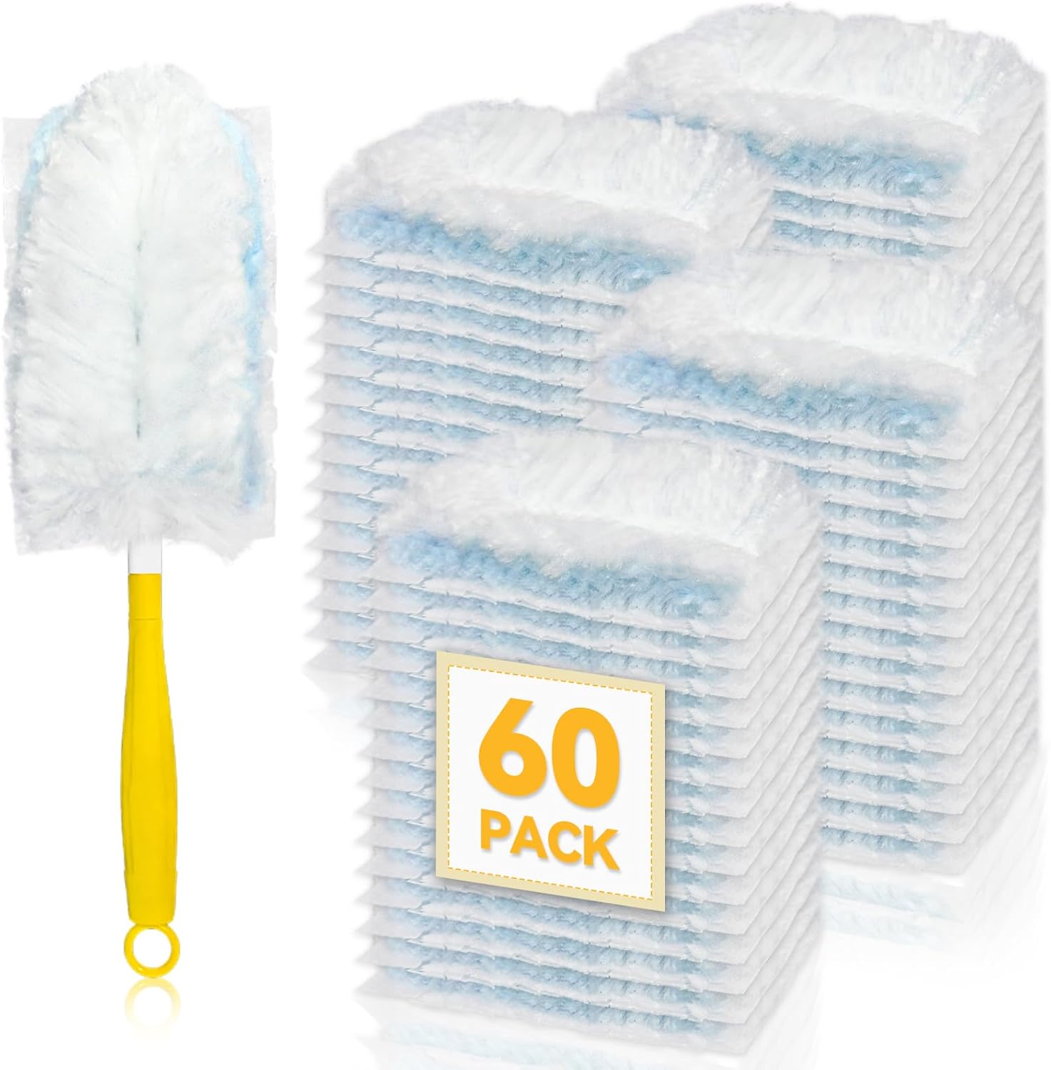 60 Pack Dusters Refills Compatible with Swiffer Duster Handle Models, 180° One Sided Duster Refills for Short and Extendable Handles, with 1 Pack Handle