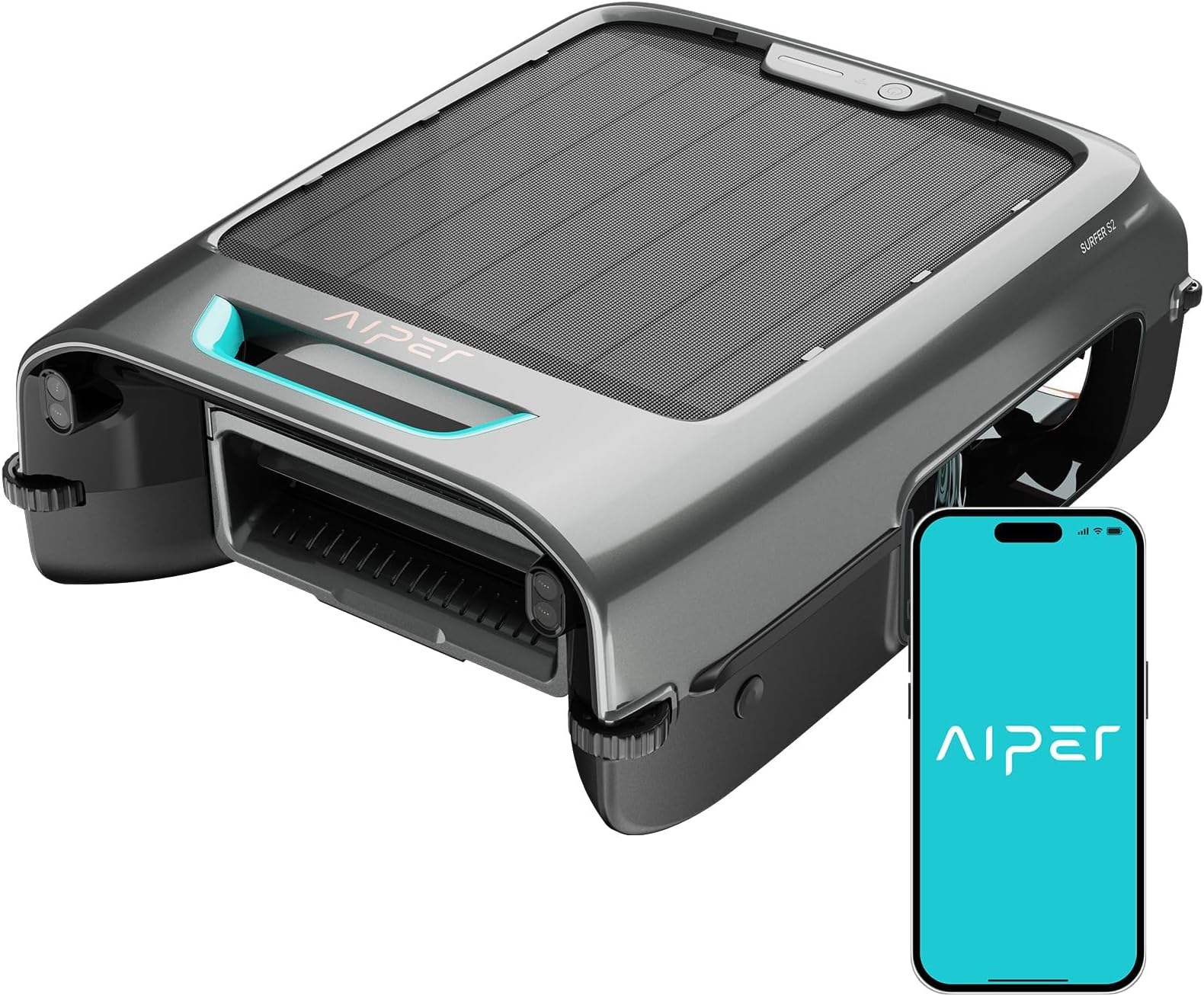 AIPER EcoSurfer S2 Solar Powered Pool Surface Skimmer Robot with APP Support, 24/7 Continuous Cleaning, Dual Charging Modes, Smart Obstacle Avoidance, 150-um Filtration, OTA Upgrade
