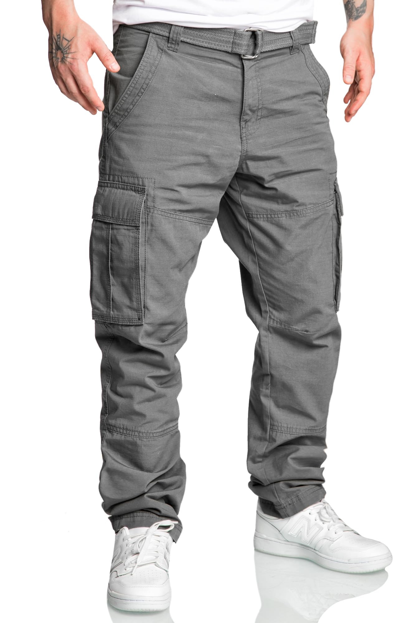 REPUBLIX Herren Cargohose Loosefit Jogger Chino Hose Inkl. Gürtel R7028 Dunkelgrau W31