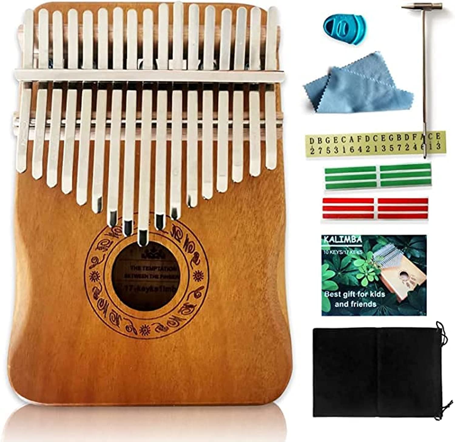BEONE Kalimba Thumb Piano 17 Keys, Portable Mbira Finger Piano, with Carrying Bag Study Instruction and Tune Hammer Unique Giftfor Kids and Adults Beginners (Flower, Wood color)