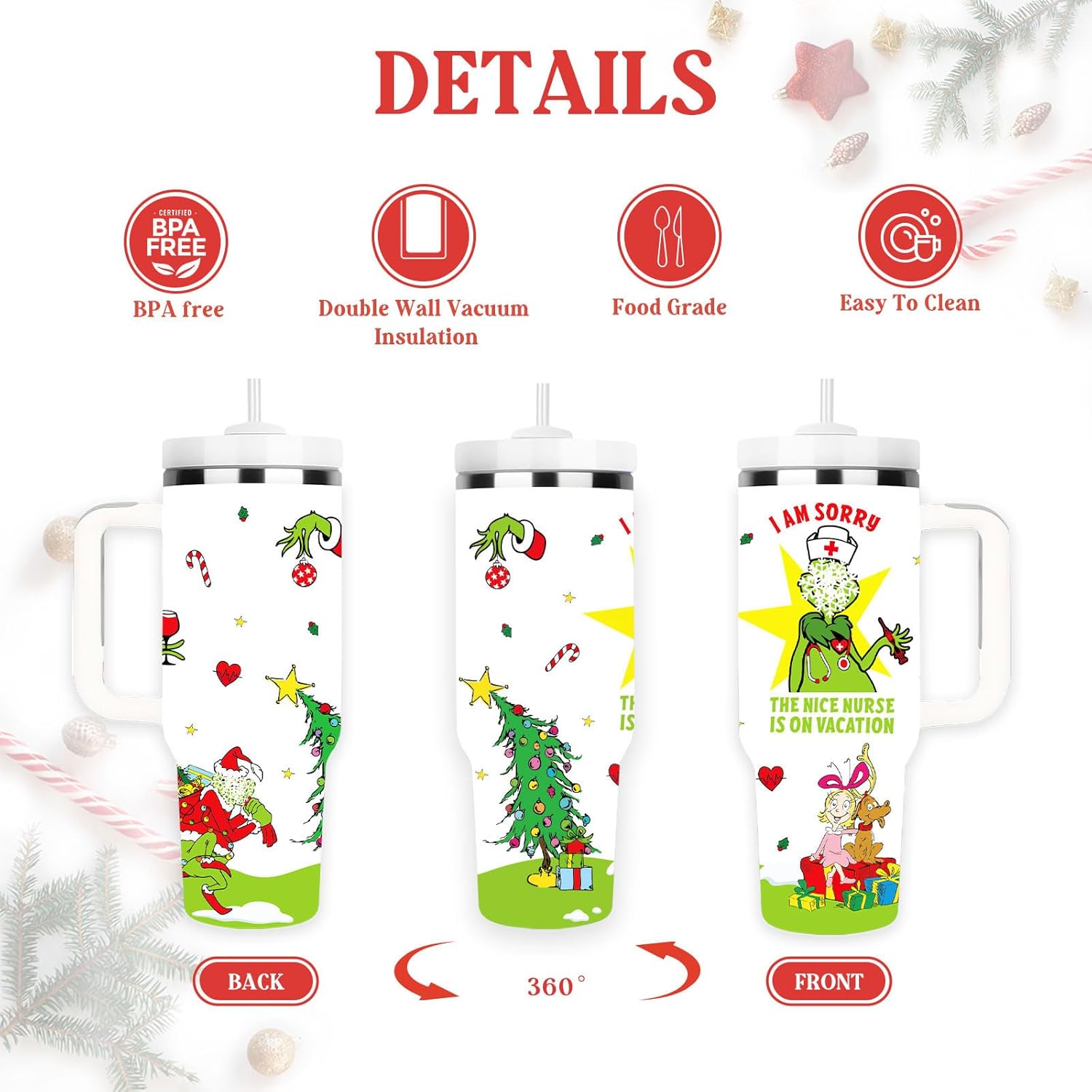 Christmas Nurse Gifts for Women Men, Funny Christmas Tumbler for Nurse, 40 oz Stainless Steel Insulated Travel Tumbler, Holiday Coffee Mug with Lids and Straws, Xmas Cups Keep Drinks Cold & Hot