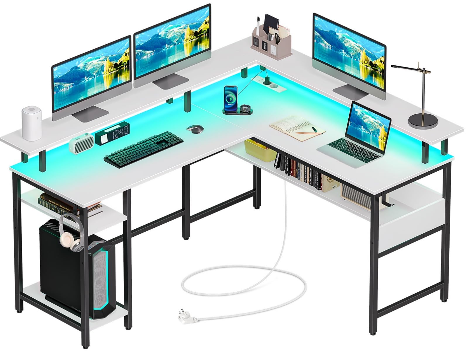 Rolanstar Gaming Schreibtisch L Form mit LED & Steckdosen, Gaming Tisch mit Monitorständer & Ablagefläche, Eckschreibtisch mit 2 Haken, Reversibler Computertisch Groß für Büro(weiß, 137 x 108cm)