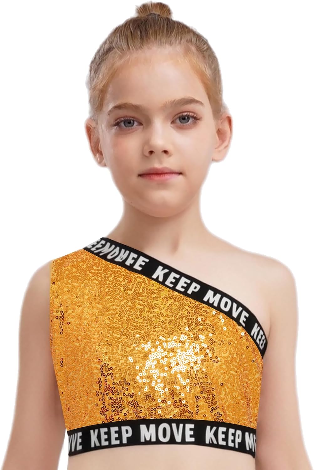 TiaoBug Kids Girs Shiny Sequin Dance Crop Top One Shoulder Jazz Tank Top Sparkly Jazz Hip Hop Dance Sport Vest