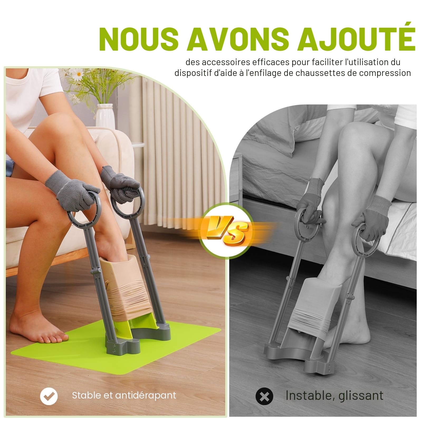 Aide à l'enfilage des bas de compression et des bas de contention, avec tapis antidérapant en silicone, retrait sans se pencher, avec gants spéciaux pour bas de compression
