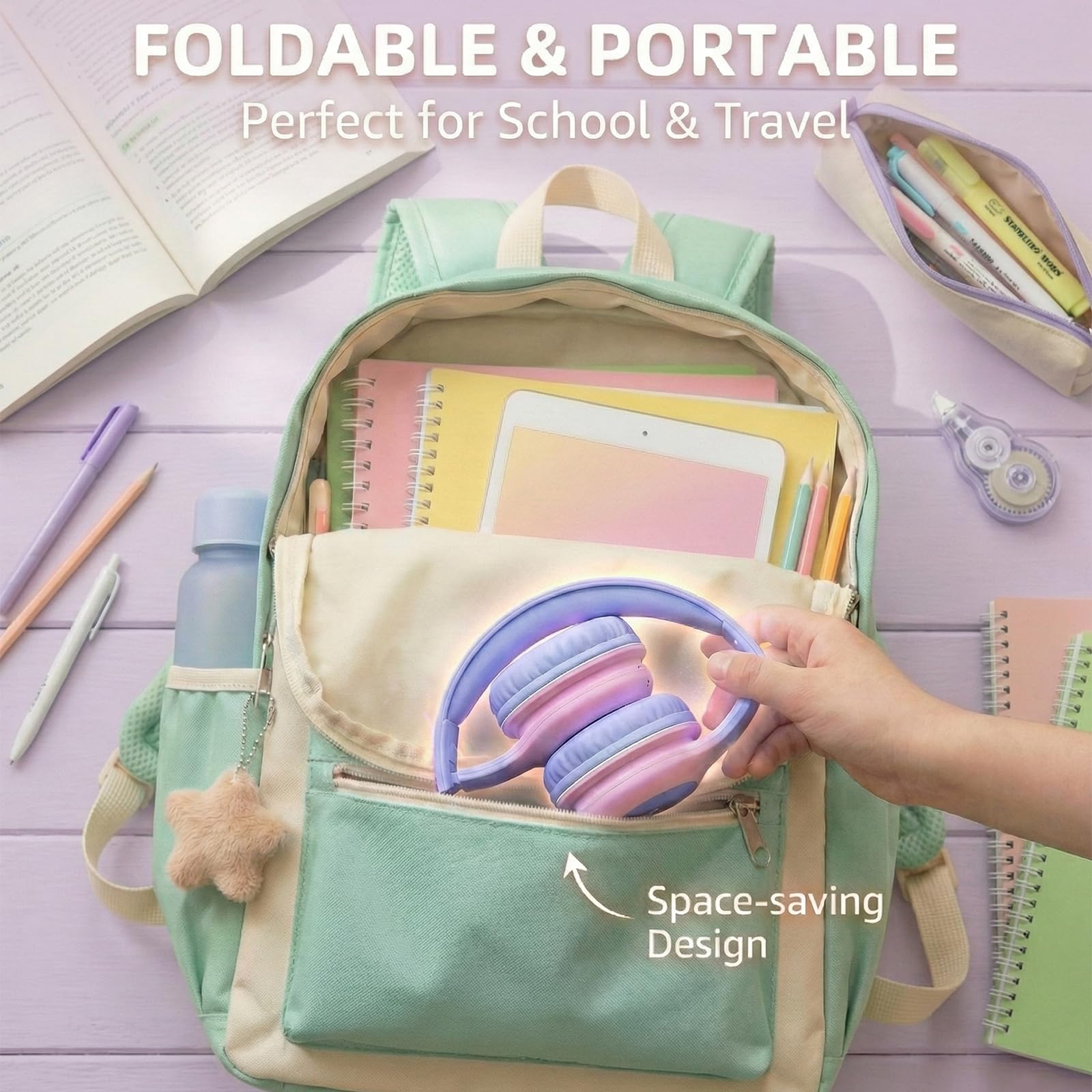 ADOOPE Cuffie cablate per bambini con spina USB C, volume sicuro 85 dB, archetto regolabile, senza grovigli, cuffie per scuola, tablet, viaggi (viola chiaro e rosa, senza microfono)