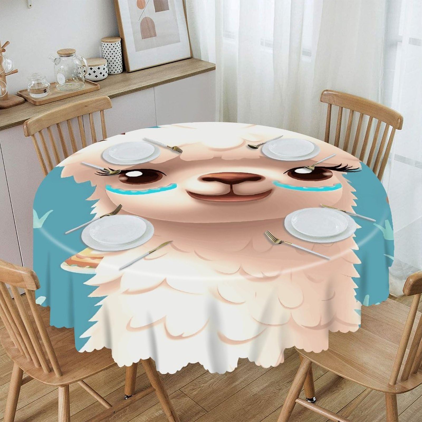 VstaDank Alpaca Patterm Round Tablecloth 60 Inch Easy to Clean Circle Table Cover Thick Decorative Round Polyester Table Cloth for Dining Kitchen Party Farmhouse Outdoor