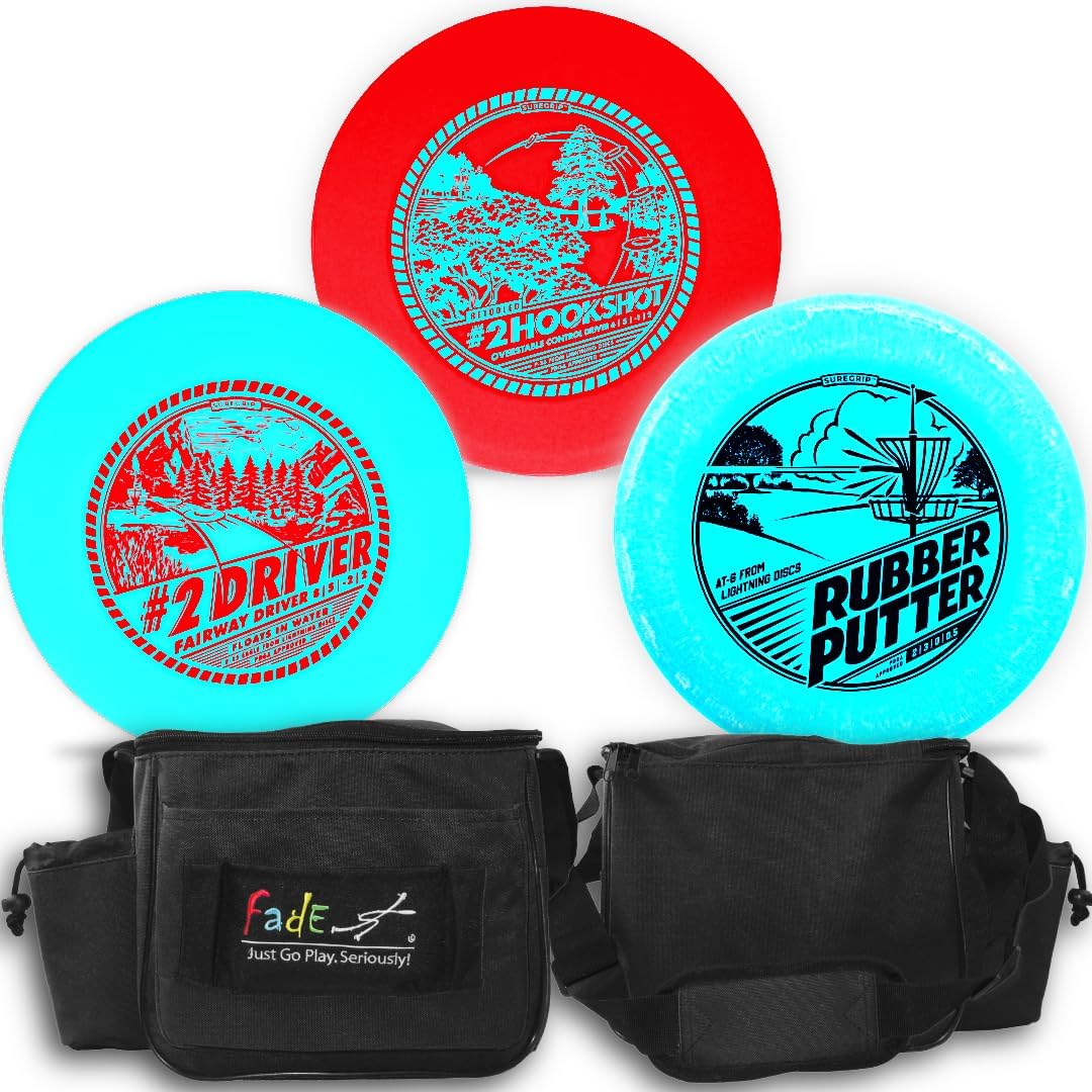 Lightning Disc Golf Starter Set – 3 Discs & Fade Lite Shoulder Bag (Black) – Includes #2 Hookshot, Rubber Putter, #2 Driver (Sure Grip Plastic, Colors Vary) (Rubber Putter & #2 Driver Float on Water)