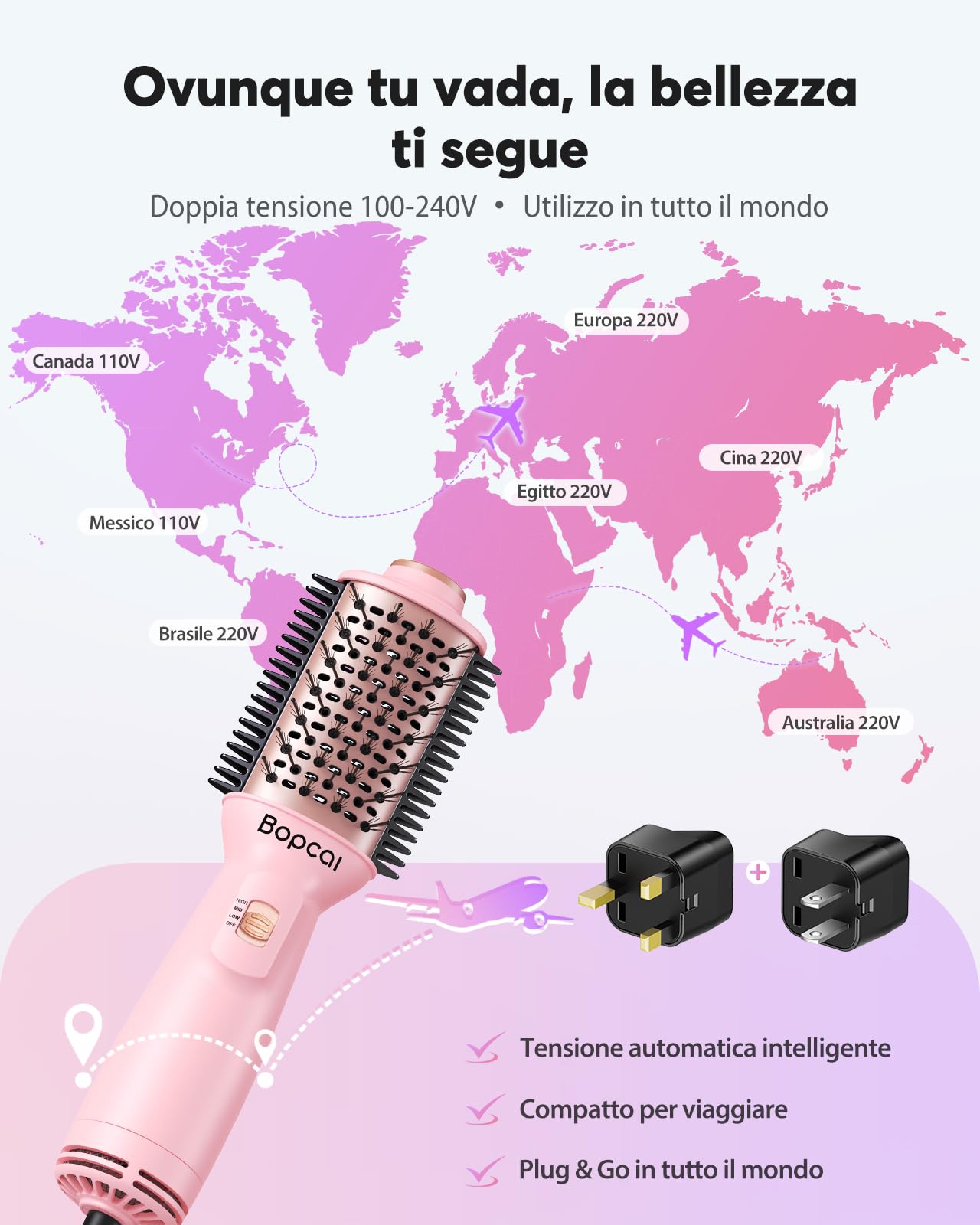 Bopcal Mini Spazzola Asciugacapelli da Viaggio 4 in 1 - Ionico Spazzola ad aria Calda Doppia Tensione Auto, con Spina US e UK, per Asciugatura, Lisciatura, Arricciatura e Volume ZCY892-B