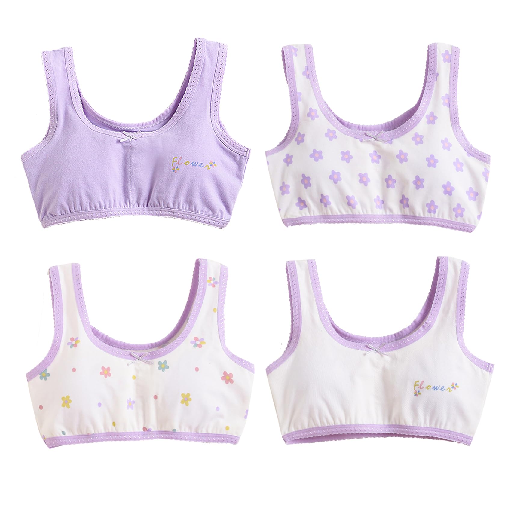 ORINERY Girls A-Cup Bra Cotton Lightweight Sport Bras Teens Seamless Cami Bralettes Soft Training Bras 4 Pack