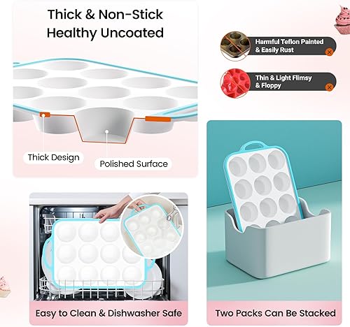 Miniatura 6 de Moldes de silicona para magdalenas para hornear, 2.6 pulgadas con marco reforzado de metal, molde antiadherente de tamaño regular, 12 tazas para