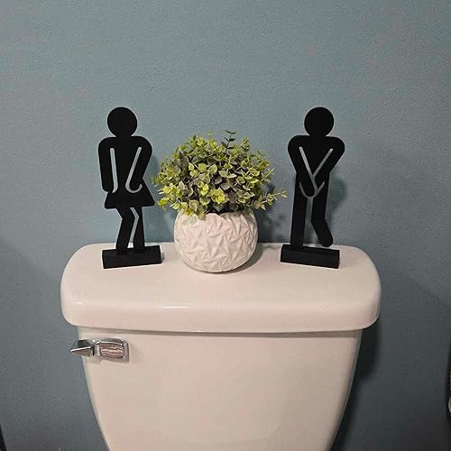 Miniatura 7 de Juego de 3 letreros decorativos de madera rústica para baño con una planta artificial en maceta