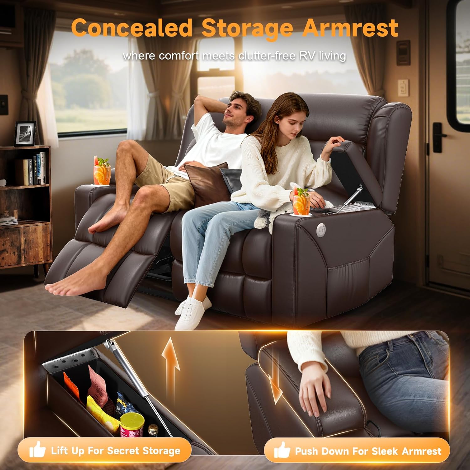 RV Loveseat Recliner Sofa, Wall Hugger Reclining Loveseat RV Couch with USB Ports, Large Pockets, Cup Holders, 150° Adjustable RV Recliners Furniture for Travel Trailers & Home Theater Seating