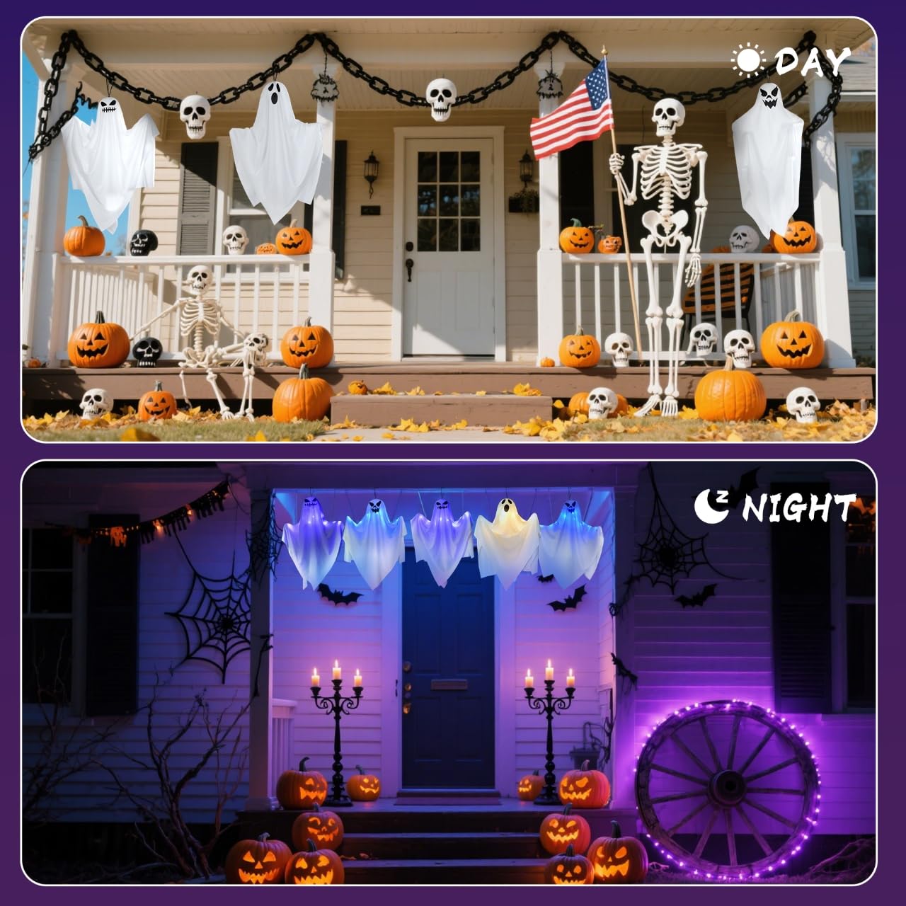 LUZOON Decorazione per Halloween, per esterni, Halloween, 3 pezzi, 65 x 70 cm, con luci a LED, fantasma, sacco a vento, decorazione da appendere per interni ed esterni, giardino horror