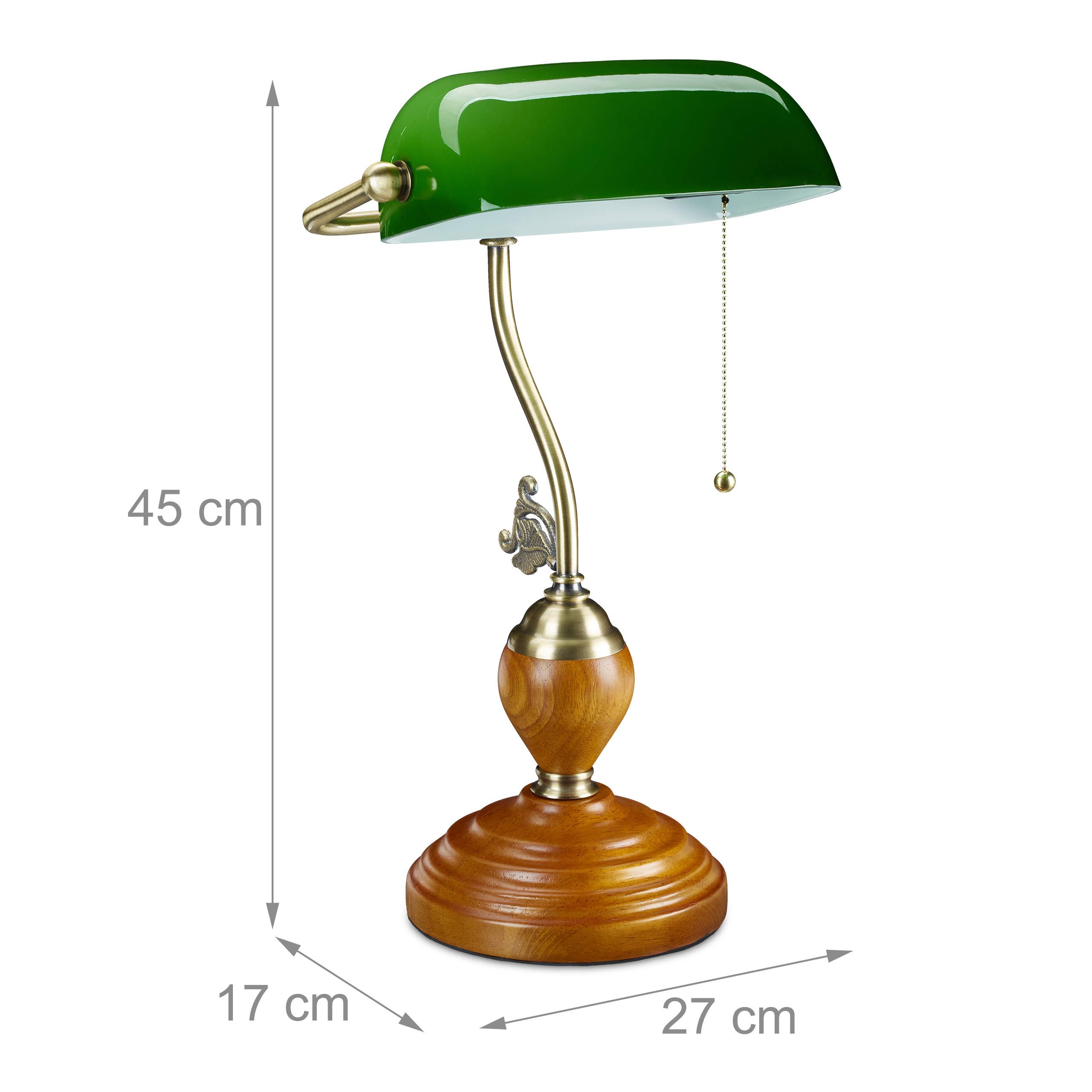 Relaxdays Lampa bankierska z przełącznikiem pociągowym, odchylany szklany klosz, drewniana podstawa, styl retro, oprawa E27, lampa biurkowa, zielona, 10034424, 45 x 27 x 17 cm